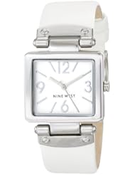 Nine West Womens NW/1589WTWT Rectangular Silver-Tone Case White Strap Watch