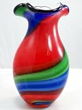 Murano Design Mouth Blown Blue Green & Red Trefoil Mouth Glass Vase 2012