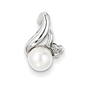 Genuine IceCarats Designer Jewelry Gift Sterling Silver Rhodium 6Mm Fw Cultured Pearl & Diamond Pendant In Sterling Silver