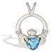 14K White Gold Genuine Heart Blue Topaz and Diamond Celtic Claddagh Pendant