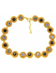Italian-Made Blue Crystal Gold-Finished Brass Necklace with Sequences of Round Mesh Settings Embedded with Sparkling Blue Crystals