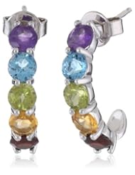 Sterling Silver and Round-Cut Amethyst, Swiss Blue Topaz, Peridot, Garnet, and Citrine"J" Hoop Earrings (2.50 cttw,)