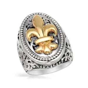 Italian 14k Yellow Gold and Sterling Silver, Antique Finished Fleur De Lis Design Ring, Size 7, Free Shipping