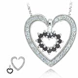 Sterling Silver Two Heart Black and Simulated Diamond CZ Pendant