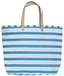 Cotton Canvas Aqua Blue and White Striped Shore Bag with Leather Handles 22"L x 13.5"H