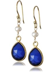 White Freshwater Cultured Pearl Accents Gold over Silver Dyed Sapphire Color Quartz Bezel Teardrop Earrings