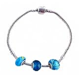 "Pandora" Style Starter Bracelet (B8) + 3 Beads - 9" (23 cms) - Silver Tone Metal ~ Aqua