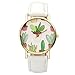 Top Plaza Casual Fashion Potted Plant Cactaceae Dial Non Scale Golden Alloy Case PU Leather Strap Analog Quartz Wrist Watch-White