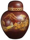 Japanese Decor Accent - 13" Ming Porcelain Red Ginger Jar w/ Hand painted Landscape