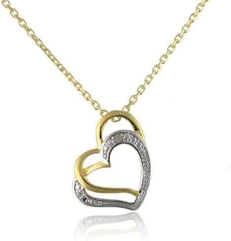 Sterling Silver Rhodium and Gold Plated Double Heart with 0.01ct Diamond Accent Pendant on a 18" Link Chain (1.2)