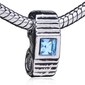 Watch Shape With March Birthstone European Charm Plated Beads - Fits Pandora Bead Bracelet