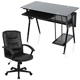 Levv Medium Computer Desk + Chair - PC Workstation + Swivel Chair - Black