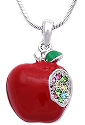 3D Red Apple w/ One Bite Heart Pendant Necklace Jewelry Gift For Teachers