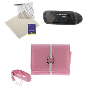 GTMax 3pcs Pink Stripe Leather Case+USB Memory Card Reader +LCD Screen Protector for Canon PowerShot ELPH 300 HS,ELPH 100 HS,SD1400 IS,SD1300 IS,SD940 IS,SD1200 IS,SD780 IS,EX-Z16,Nikon COOLPIX S3100,S4000,S3000,S220,S230,S620,S210