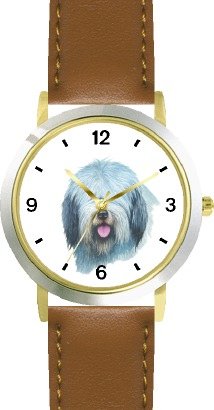 Old English Sheepdog JP Dog - WATCHBUDDY® DELUXE TWO-TONE THEME WATCH - Arabic Numbers - Brown Leather Strap-Size-Large ( Men