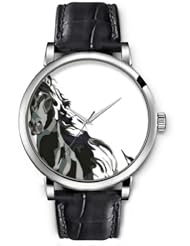 Analog Silver Ladies Girls Watches Black Leather Wristband - Horse
