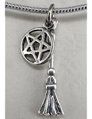 A Charming Broom and Pentacle Necklace in Sterling Silver