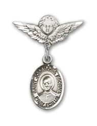 Sterling Silver Baby Badge with St. Josemaria Escriva Charm and Angel with Wings Badge Pin
