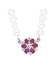 White pearls necklace with 14k White gold diamonds and Ruby flower pendant