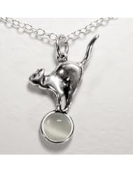 Playful Kitty Cat in Silver with White Moonstone Made in America