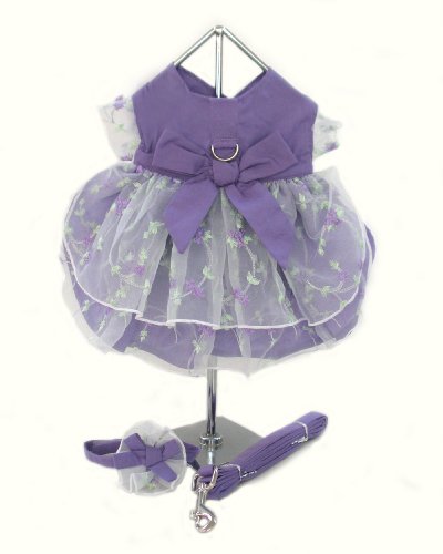 Lavender Embroidered Chiffon Dog Dress w/ Leash, Medium