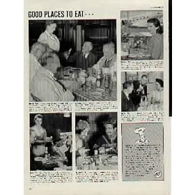 "GOOD PLACES TO EAT ... Boston, Massachusetts: Across from historic Faneuil Hall, lies the famed old restaurant of Durgin-Park. Burbank, California: As transcontinental flagships warm up, last minute diners in the Sky-Room Cafe, Burbank, California. Merion, Pennsylvania: Philadelphia's fashionable folk flock to the General Wayne Inn, at Merion, PA. Dallas, Texas: 'Meet me at the Adolphus Coffee Shop' is a popular phrase with Dallas folk. Hollywood, California: These rugged members of the cast of "Northwest Mounted Police", are taking a break at Paramount Pictures Commissary, Hollywood." ..... 1940 Heinz 57 Ad, A2453A
