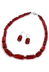 Women's Sterling Silver Red Dyed Coral Beaded Necklace and Omega Back Earring Set