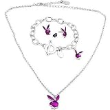 Playboy Jewelry Set Necklace Bracelet Earrings Hot Pink Glitter Bunny Logo Authentic Licensed Jewelry CPBSET0026