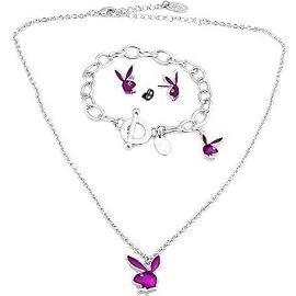 Playboy Jewelry Set Necklace Bracelet Earrings Hot Pink Glitter Bunny Logo Authentic Licensed Jewelry CPBSET0026