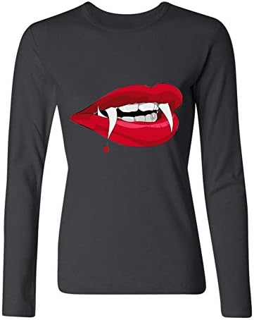 WAWPU Women's Sexy Vampire Lips Long Sleeve T Shirt sizekey Black