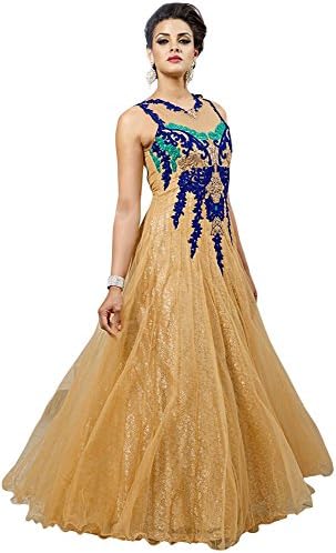 INMONARCH Womens Golden Beige Net Reception Gown SLRD1046 stitched
