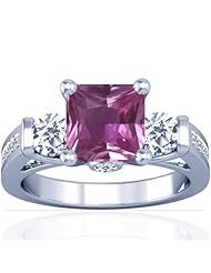 14K White Gold Princess Cut Pink Sapphire Ring With Sidestones