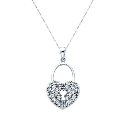 14K White Gold CZ Heart Lock Charm Pendant with 1.0mm Anchor Link Mariner Chain Necklace Set - 18\