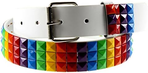 Q Collection Faux Leather Pyramid Studded Belt - Cool Designer Belt for Men and Women - Quality Construction, Trendy Design - Rainbow White , Medium