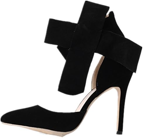 Sexy Women Big Bow Pointed Toe Strap High Thin Heels Bridal Party Evening Shoes (EU40/US9, Black)