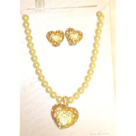 One Strand Simulated Ivory Pearl Short Chain Necklace with Gold Plated Crystals Heart Pendant...