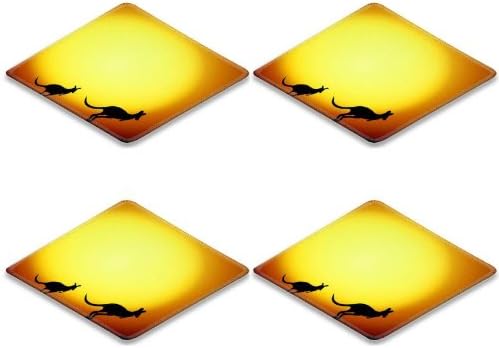 Kangaroo Animal Australian Nature Sunset Square Coaster (4 Piece) Set Fabric Rubber 5 Inch Size Liil Coaster Cup Mug Can Water Bottle Drink Coasters Stain Resistance Collector Kit Kitchen Table Top Desk