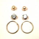 14k Yellow Gold 5mm Four Prong White Cubic Zirconia Stud, 14k Yellow Gold 4mm Pearl Stud, and 14k Yellow Gold 12mm Endless Hoop Earring Set