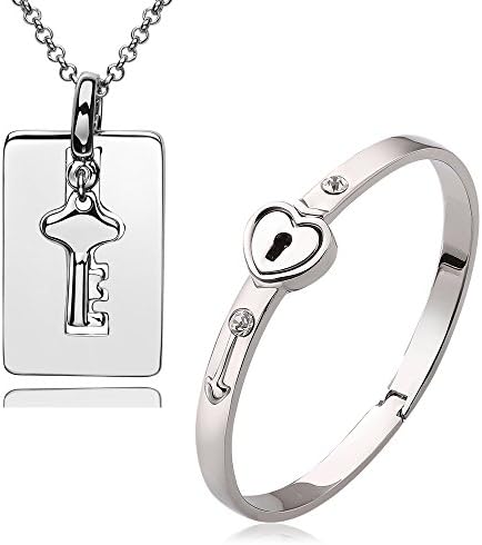 Love Couples Matching Heart Lock Bracelet Key Pendant Necklace Jewelry Set