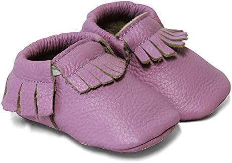 SnuggleRoo Leather Baby Moccasins Soft Sole Slip on Shoes with Stylish Fringe Handmade for Infants, Toddlers, Kids (3-6 Months (US 2 Infant), Lavender)