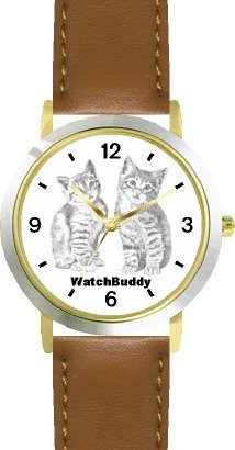 Tabby Kittens (SC) CAT - WATCHBUDDY® CLASSIC DELUXE TWO-TONE THEME WATCH - Arabic Numbers-Brown Leather Strap-Women's Size-Small