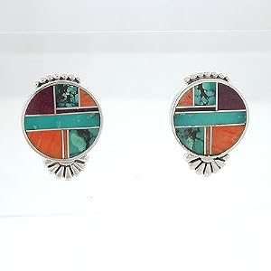 Southwestern Native American Handcrafted Turquoise and Spiny Oyster Inlaid Round Earrings by Ray Tracey, #8543