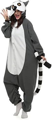 Cartoon Animal Cosplay Onesies Purple Elf Pajamas Jumpsuit Hoodies Adults Cos Costume (L (166cm-175cm), Ring-tailed lemur)