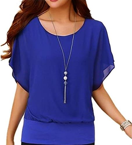 chuuhh Women's Batwing Sleeves Blouses Summer Loose Chiffon Shirt,Blue,S
