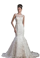Spring Portrait Neck Satin Mermaid Lace Beaded   Dress with a Court Train  With Ruffles