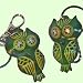 Owl Design, Bag-charm or Key-chain, a Pair Set, Green W/beautiful Pattern !