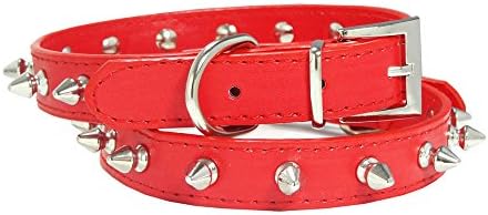 XS Red Matte PU Leather Silver Spike Adjustable Pet Dog Cat Collar Extra Small 7.5"-10"