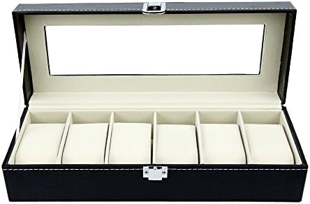 Cedy Tech Watch Box 6 Black Mens Womens Leather Display Glass Top Jewelry Case Organizer by Satellas