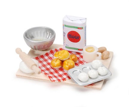 Dollhouse Miniature Tabletop Baking Bread Pan and Baking Supplies