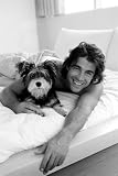 Morning Smile (Man and Dog) White Wood-Mounted Art Poster Print - 24